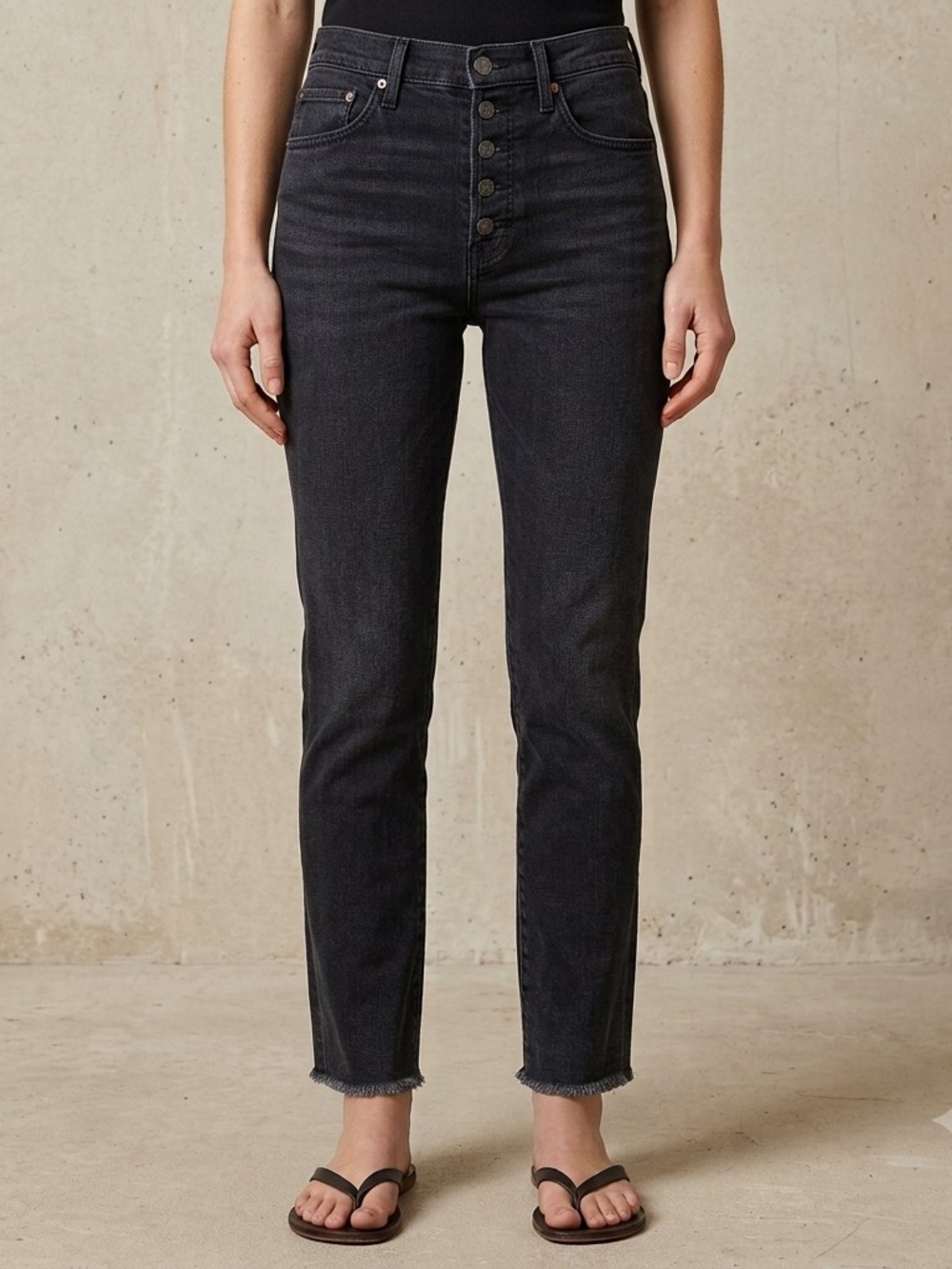 Re/Done 80s Slim Straight High-Rise Button-Fly Jeans in Washed Black